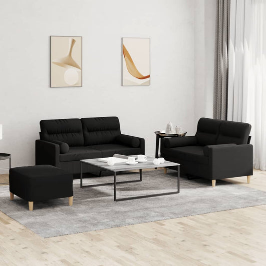 Ensemble de canapé 3 pièces avec coussins en tissu noir