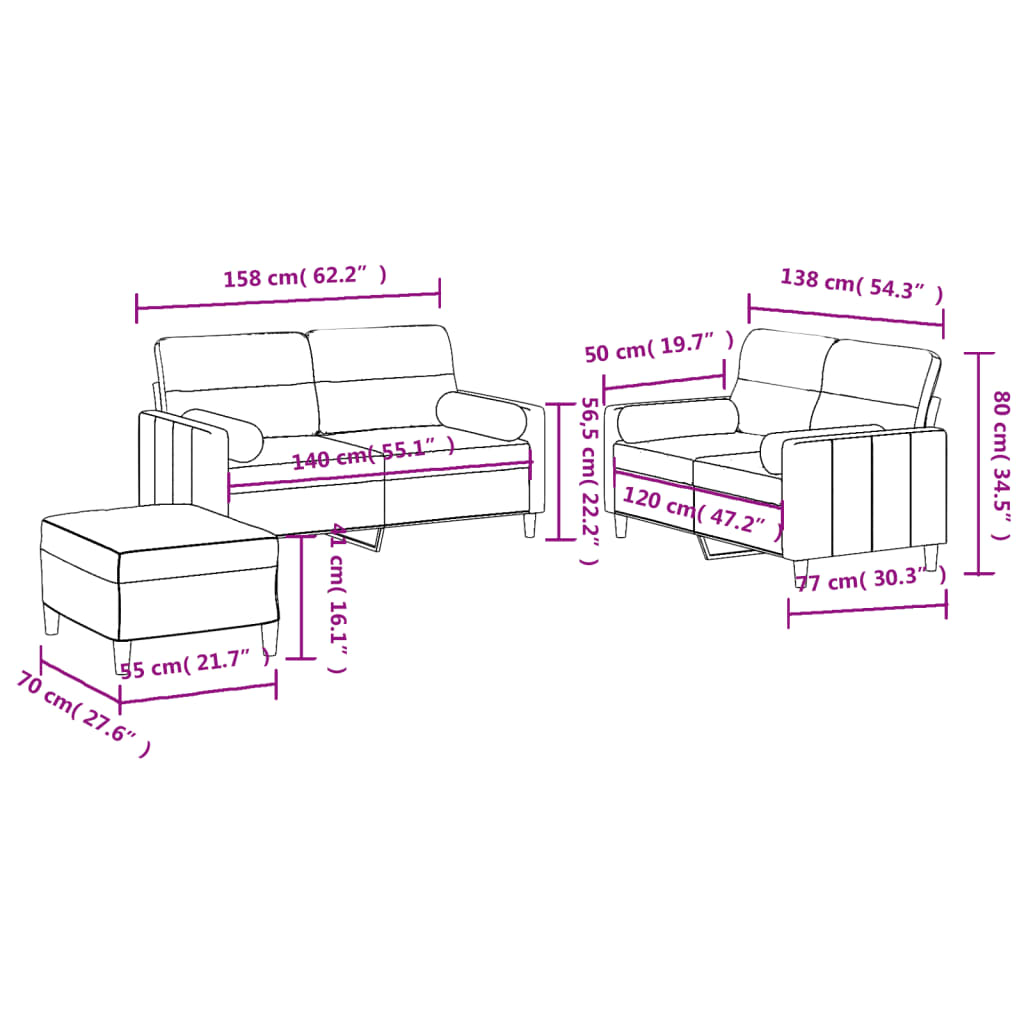 Ensemble de canapé 3 pièces avec coussins en tissu taupe