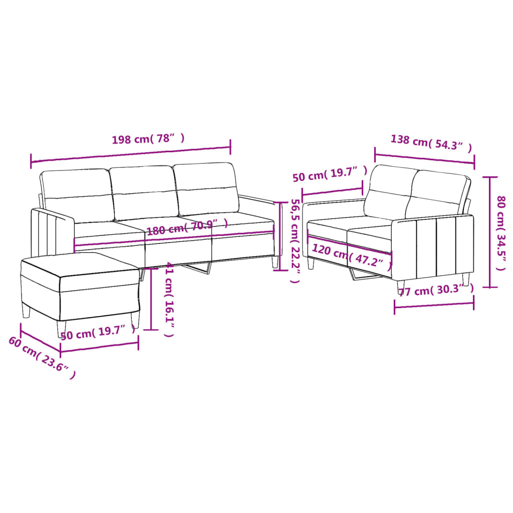Ensemble de canapé 3 pièces avec coussins en tissu gris foncé