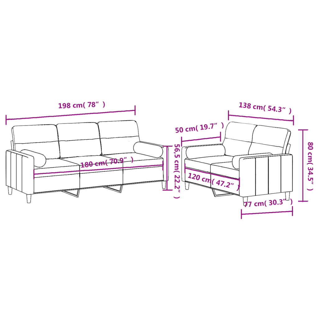 Ensemble de canapé 2 pièces avec coussins en tissu taupe