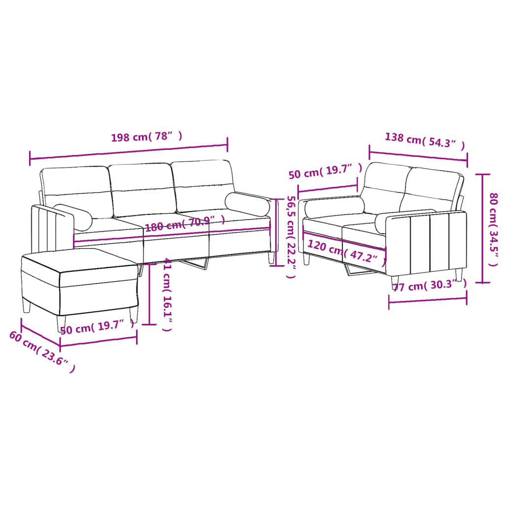 Ensemble de canapé 3 pièces avec coussins en tissu gris foncé