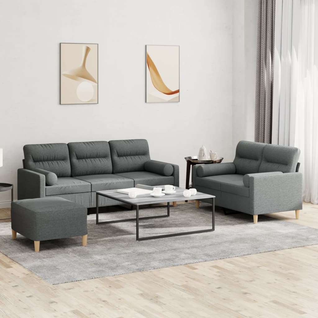 Ensemble de canapé 3 pièces avec coussins en tissu gris foncé