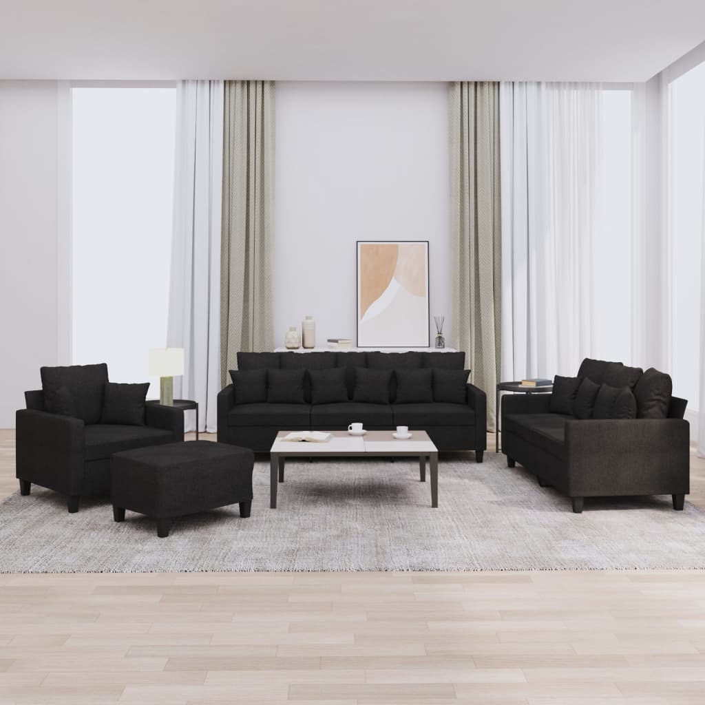 4-tlg. Sofagarnitur mit Kissen Schwarz Stoff