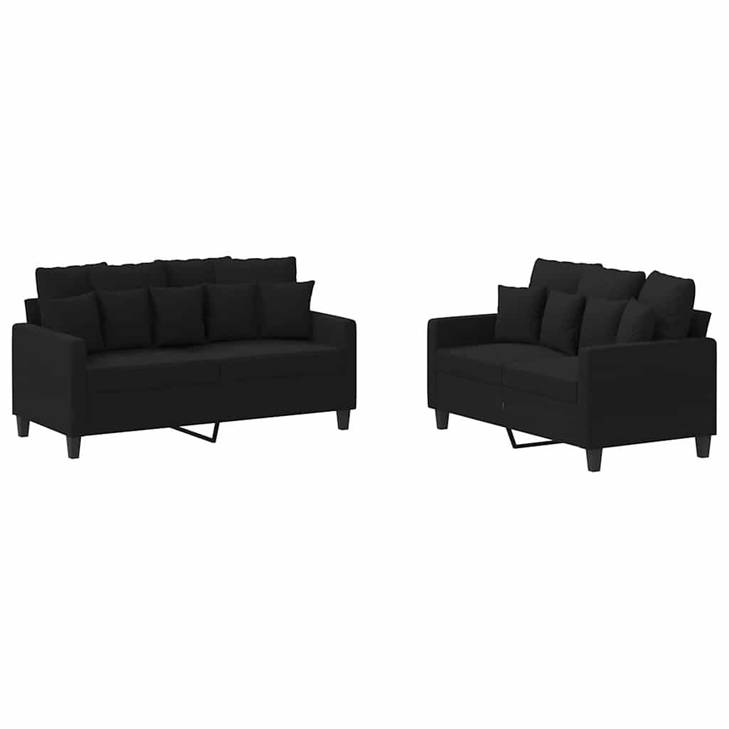 2-tlg. Sofagarnitur mit Kissen Schwarz Stoff