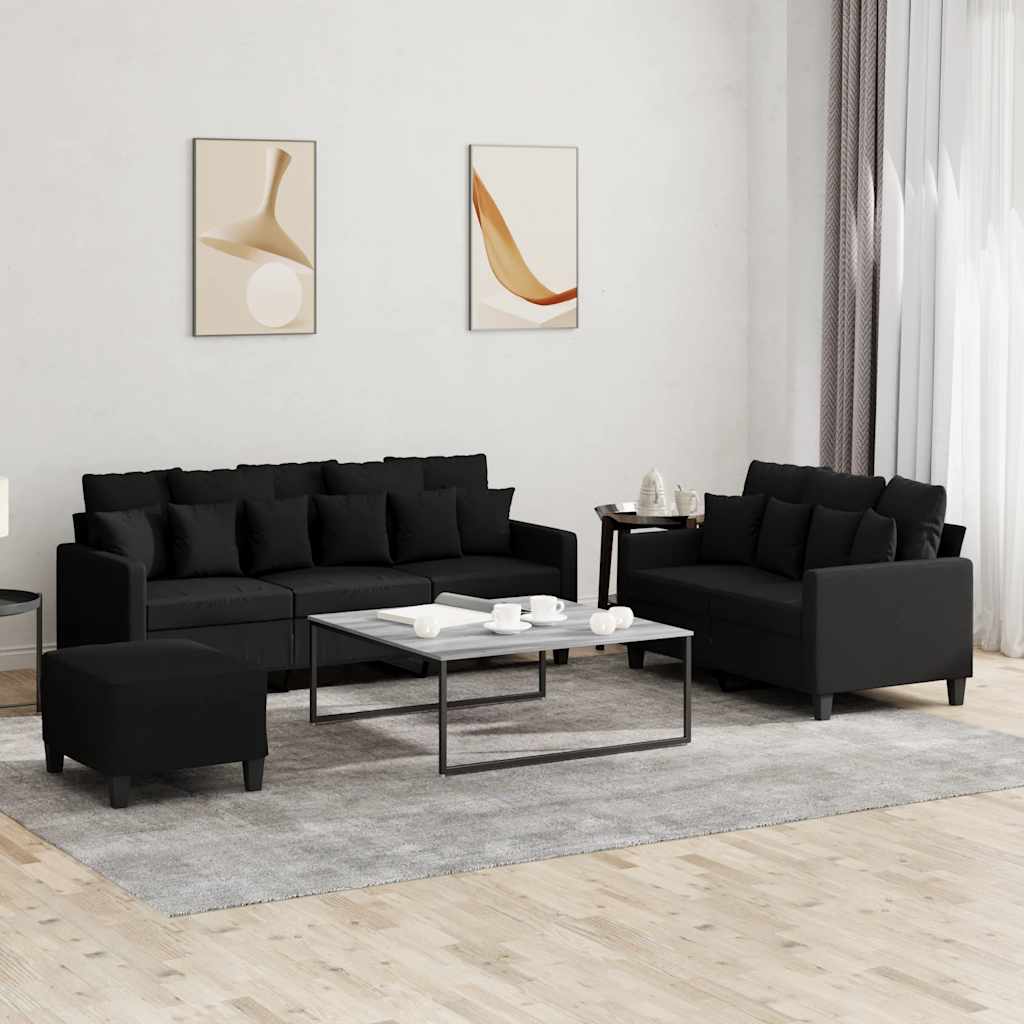 3-tlg. Sofagarnitur mit Kissen Schwarz Stoff