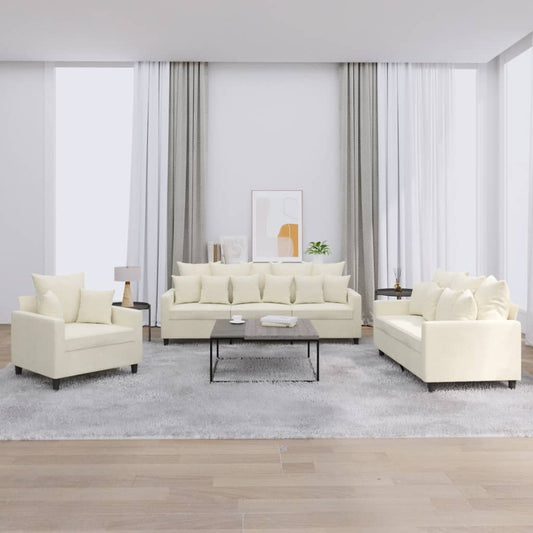 3-tlg. Sofagarnitur mit Kissen Creme Samt