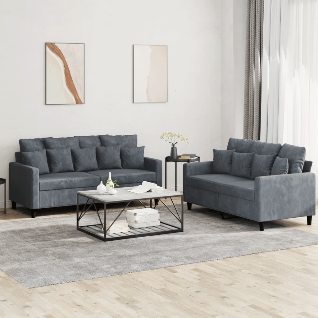 Ensemble de canapé 2 pièces avec coussins en velours gris foncé