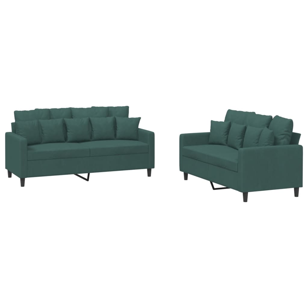 Ensemble de canapé 2 pièces avec coussins en velours vert foncé