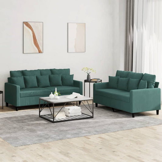 Ensemble de canapé 2 pièces avec coussins en velours vert foncé
