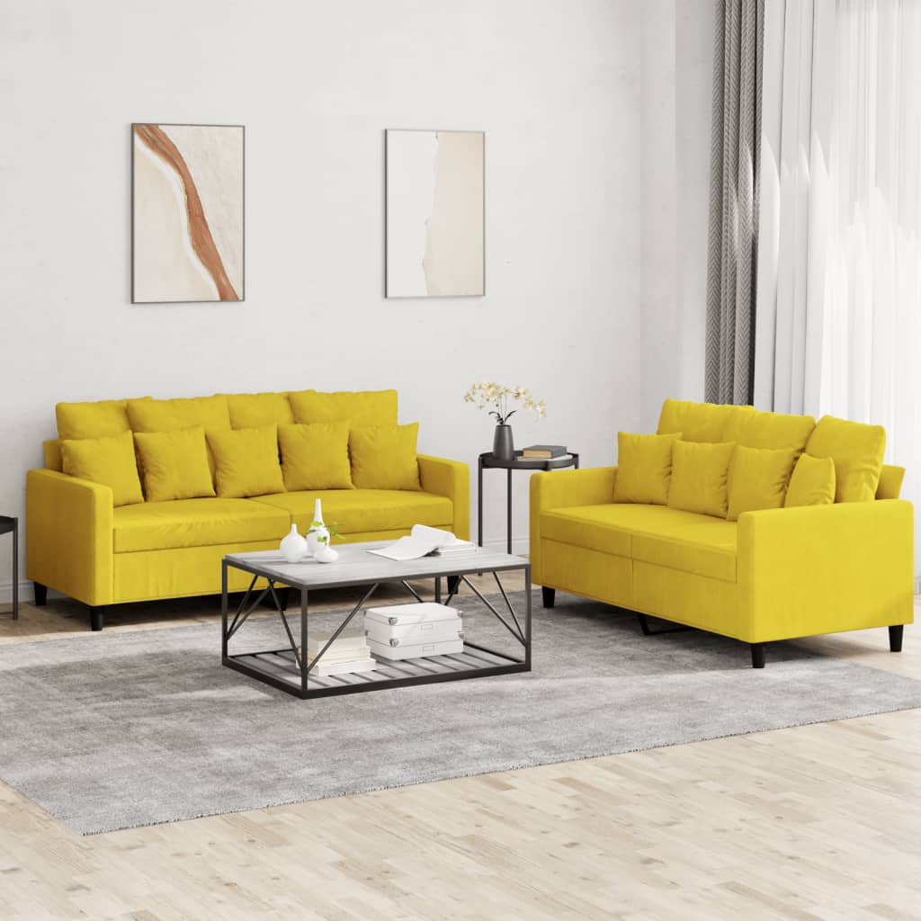 Ensemble de canapé 2 pièces avec coussins en velours jaune
