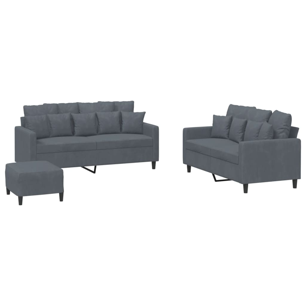 Ensemble de canapé 3 pièces avec coussins en velours gris foncé