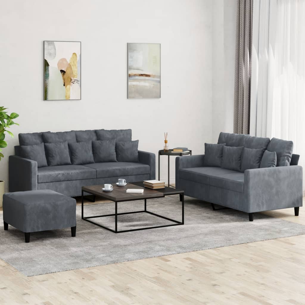 Ensemble de canapé 3 pièces avec coussins en velours gris foncé