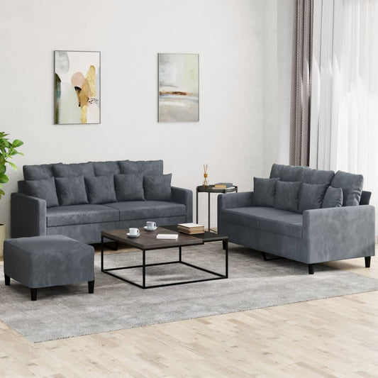 Ensemble de canapé 3 pièces avec coussins en velours gris foncé