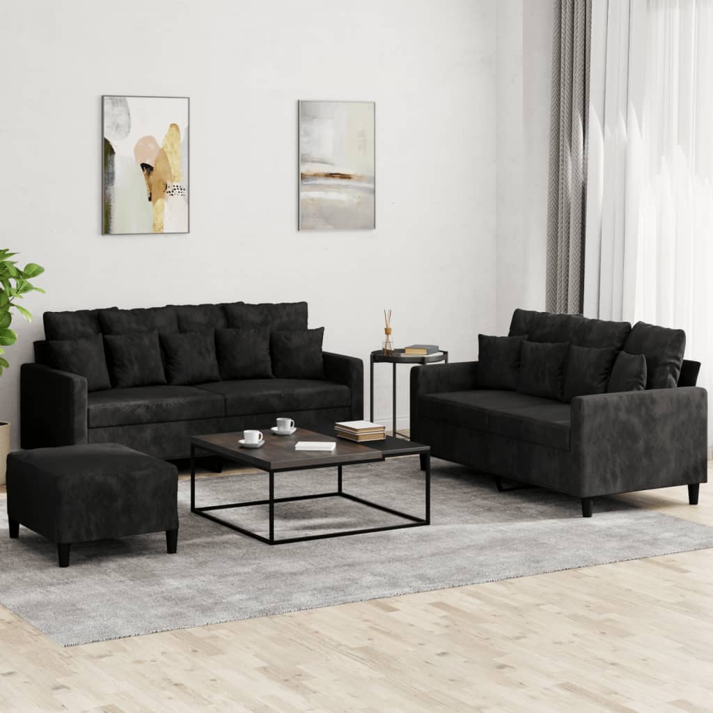 Ensemble de canapé 3 pièces avec coussins en velours noir