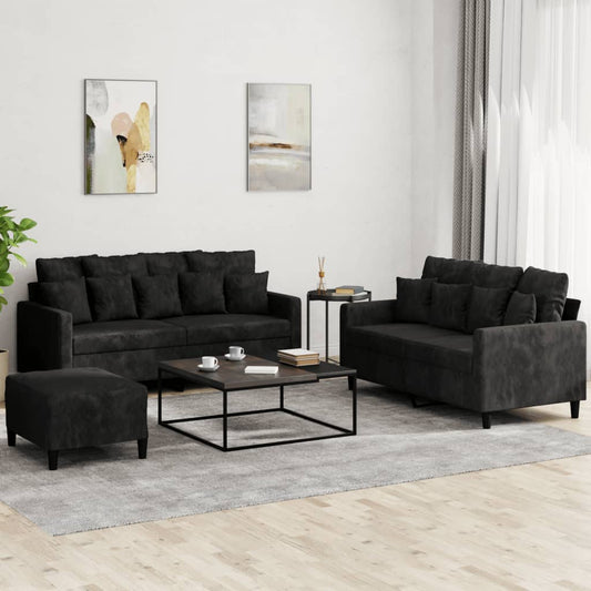 Ensemble de canapé 3 pièces avec coussins en velours noir