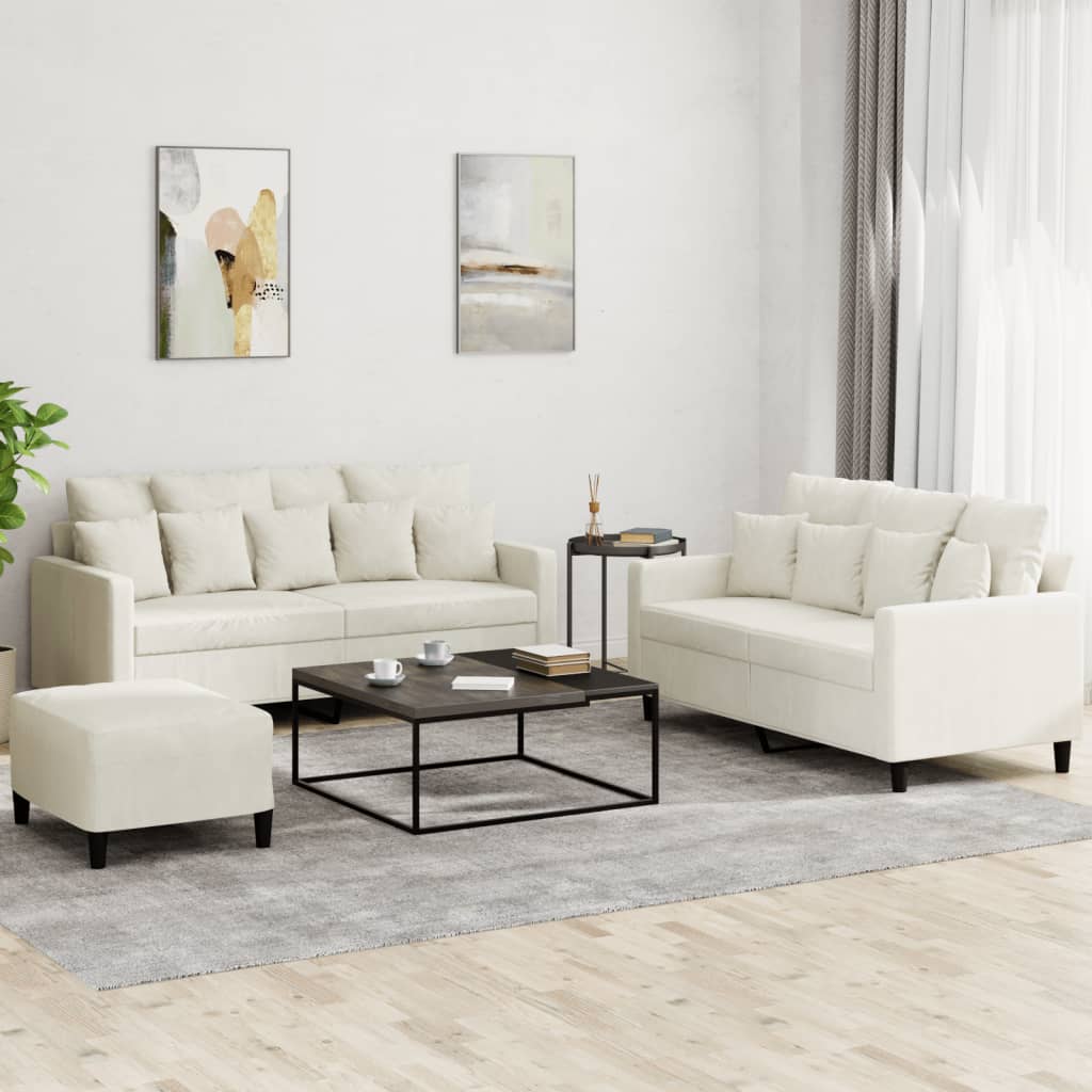 3-tlg. Sofagarnitur mit Kissen Creme Samt
