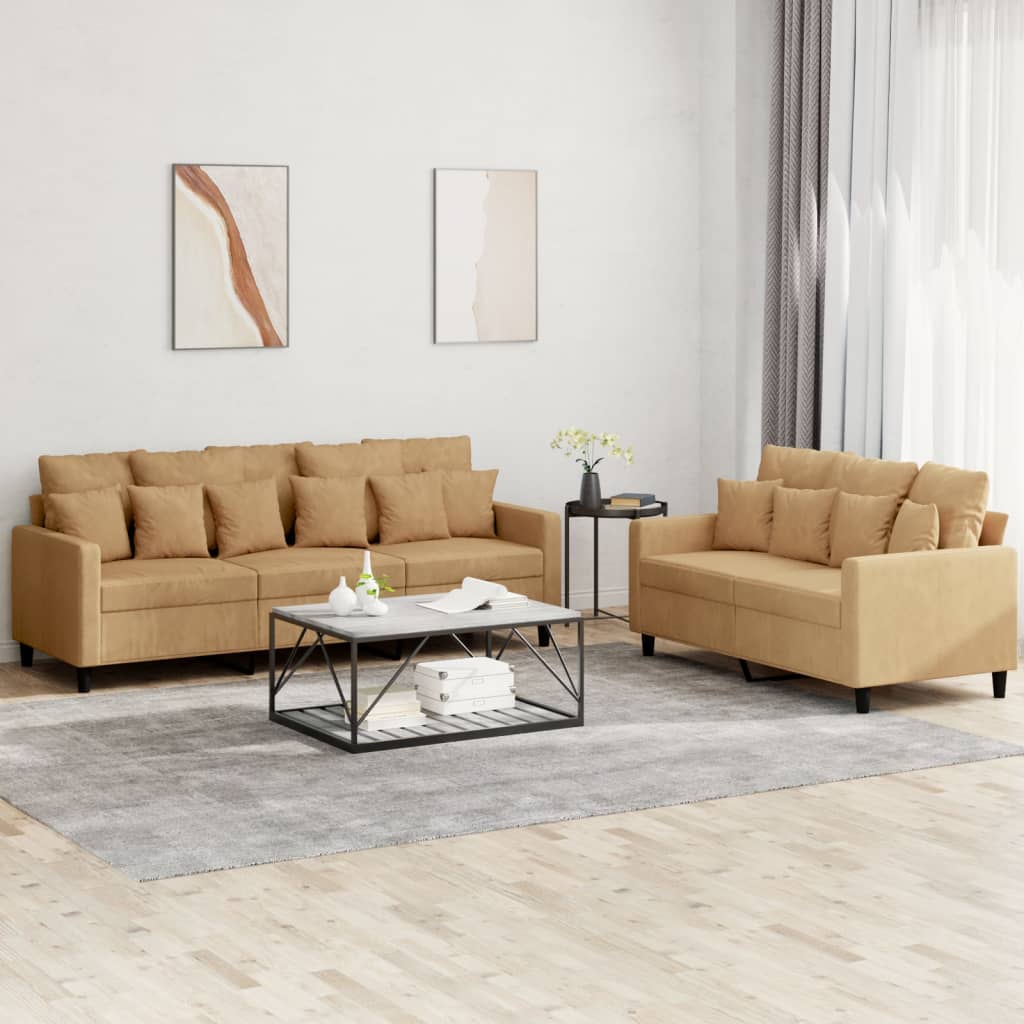 Ensemble de canapé 2 pièces avec coussins en velours marron