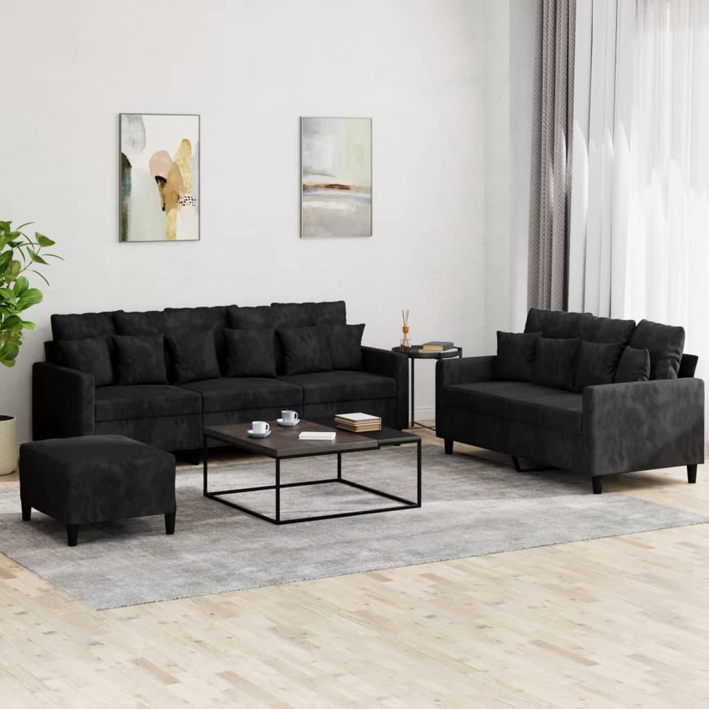Ensemble de canapé 3 pièces avec coussins en velours noir