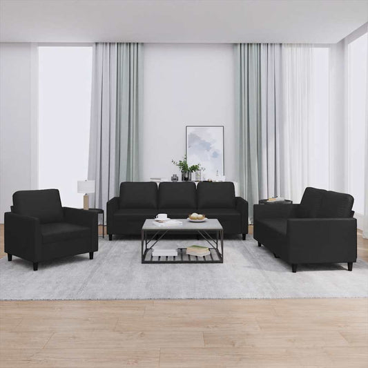 3-tlg. Sofagarnitur mit Kissen Schwarz Kunstleder