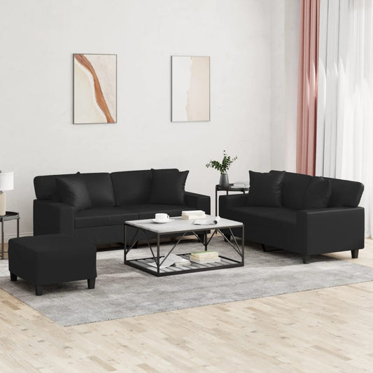 Ensemble de canapé 3 pièces avec coussins, similicuir noir