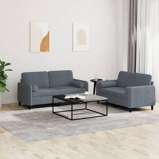 Ensemble de canapé 2 pièces avec coussins en velours gris foncé