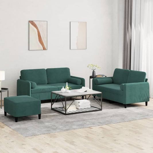 Ensemble de canapé 3 pièces avec coussins en velours vert foncé