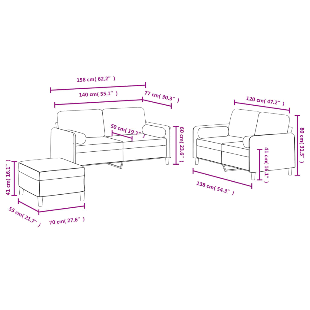 3-piece sofa set with cushions wine red velvet