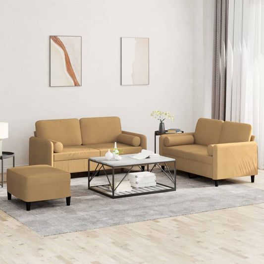Ensemble de canapé 3 pièces avec coussins en velours marron