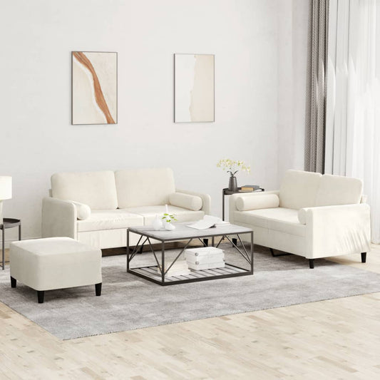 3-tlg. Sofagarnitur mit Kissen Creme Samt