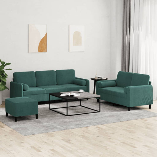 3-piece sofa set with cushions dark green velvet