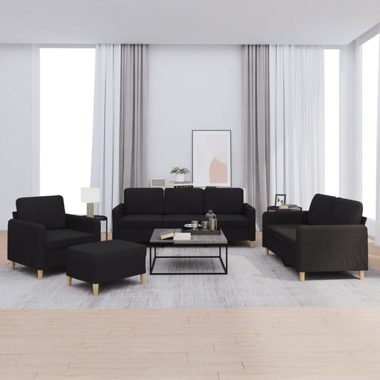 4-piece sofa set with cushions in black fabric