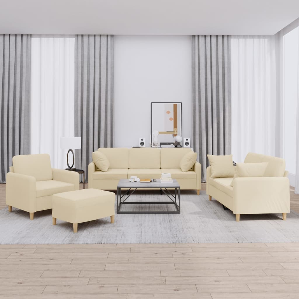 4-tlg. Sofagarnitur mit Kissen Creme Stoff