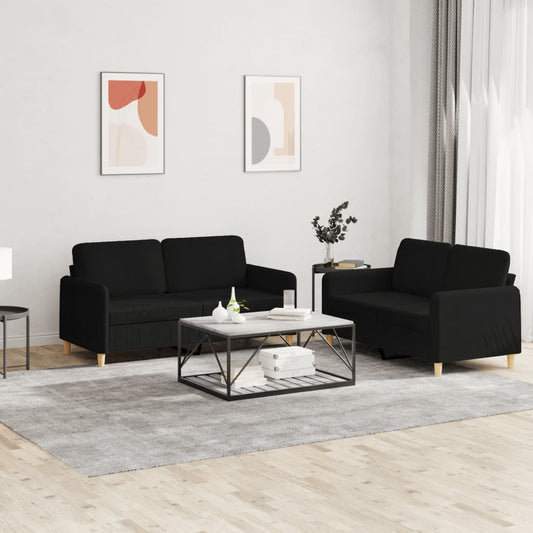 2-tlg. Sofagarnitur mit Kissen Schwarz Stoff