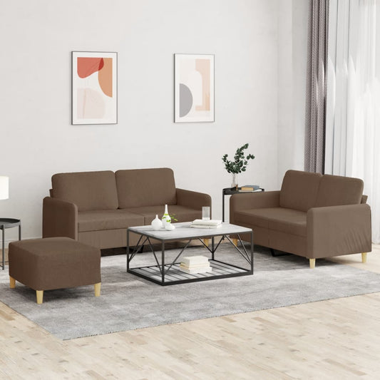 3-piece sofa set with cushions brown fabric