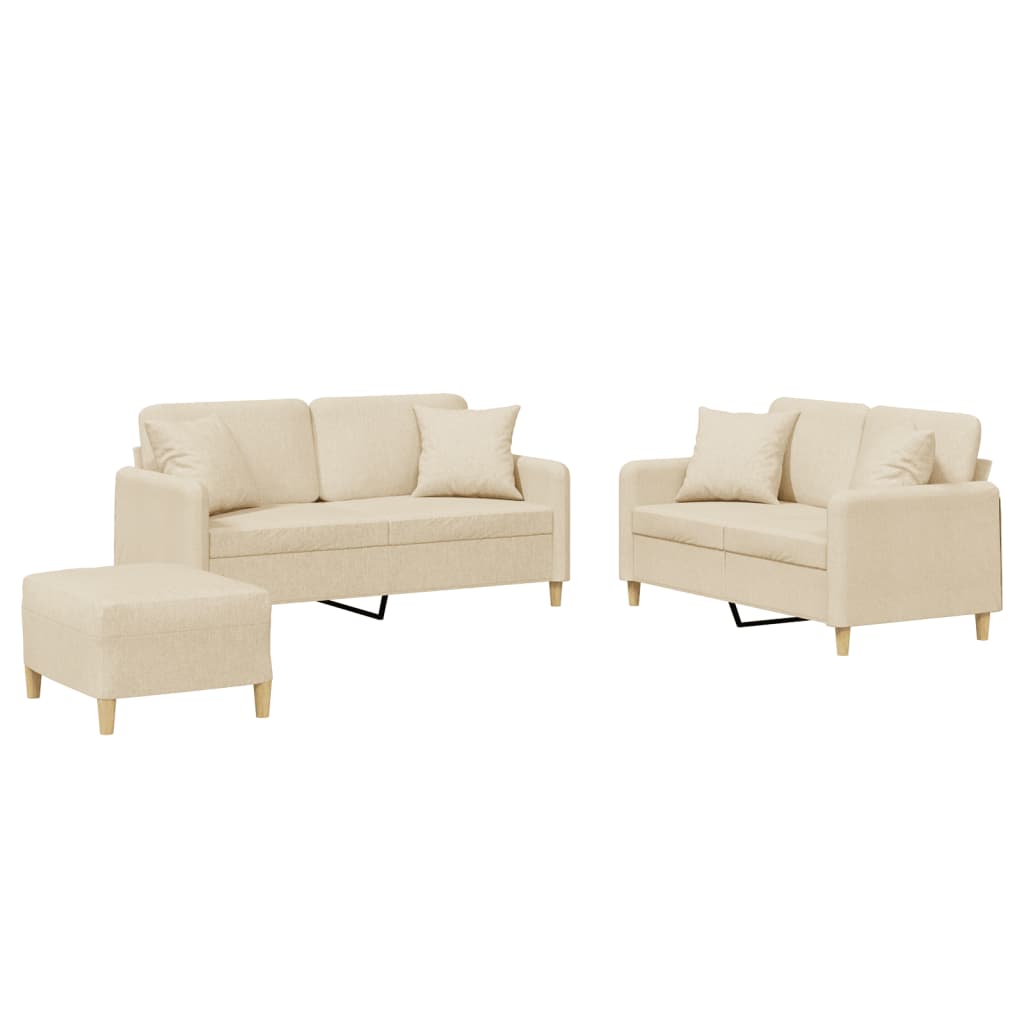 3-tlg. Sofagarnitur mit Kissen Creme Stoff