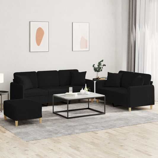 3-piece sofa set with cushions in black fabric
