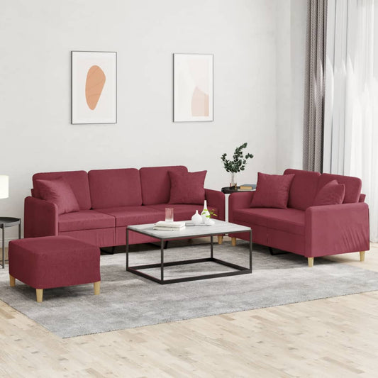 3-tlg. Sofagarnitur mit Kissen Weinrot Stoff
