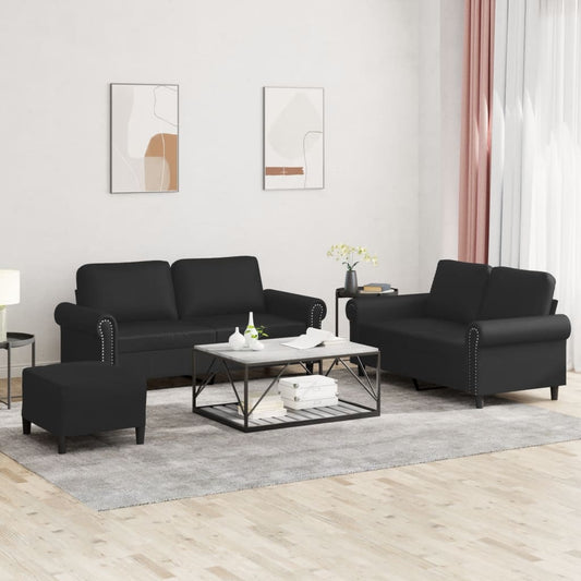 3-tlg. Sofagarnitur mit Kissen Schwarz Kunstleder