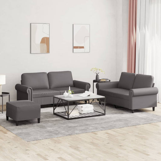 3-tlg. Sofagarnitur mit Kissen Grau Kunstleder