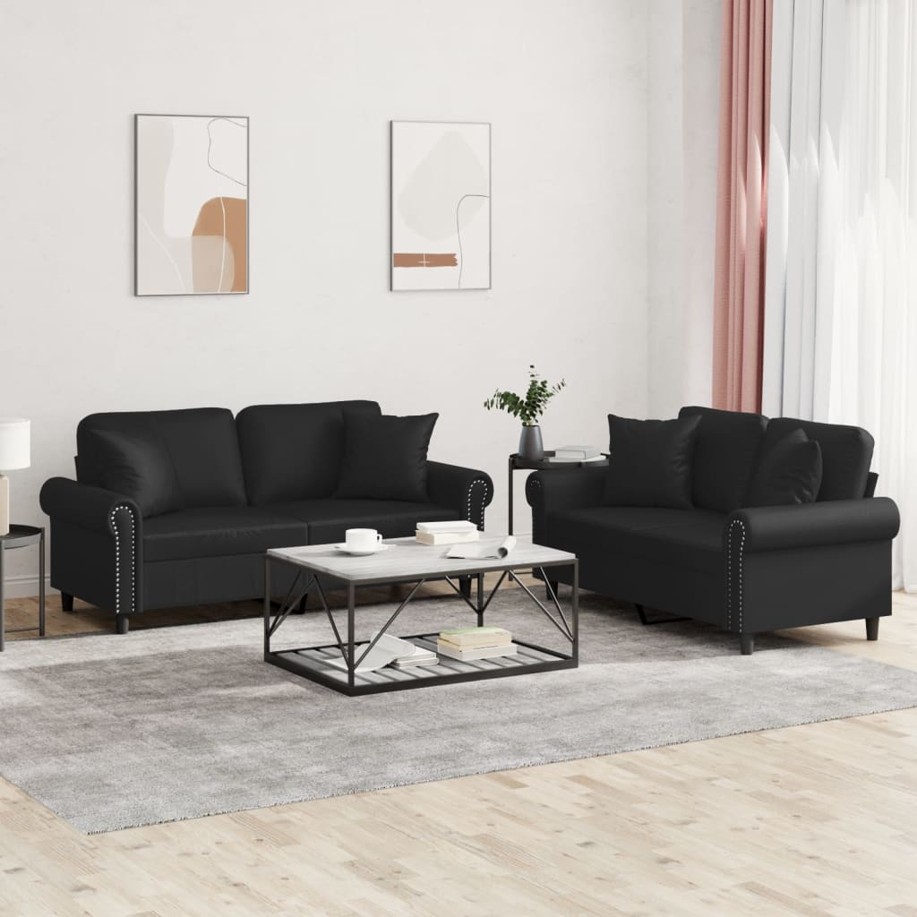 2-tlg. Sofagarnitur mit Kissen Schwarz Kunstleder