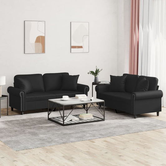 2-tlg. Sofagarnitur mit Kissen Schwarz Kunstleder