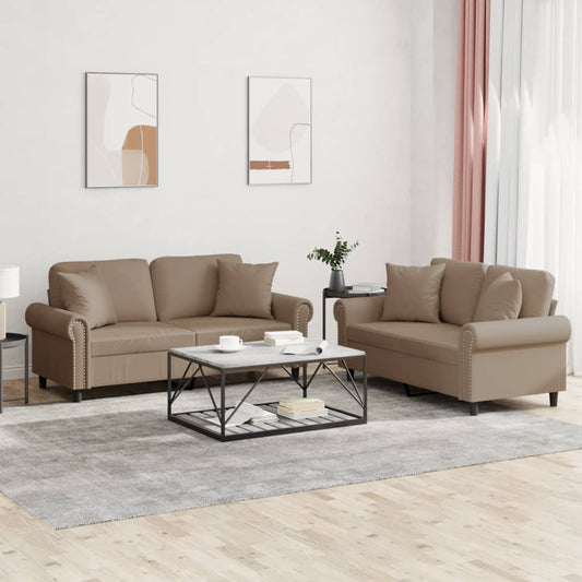 2-tlg. Sofagarnitur mit Kissen Cappuccino-Braun Kunstleder
