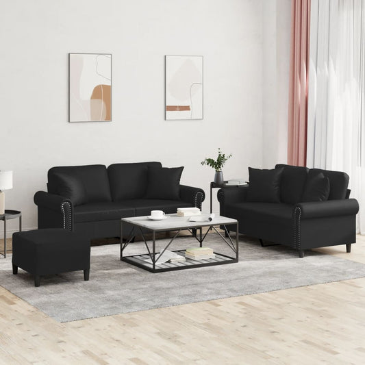 3-tlg. Sofagarnitur mit Kissen Schwarz Kunstleder