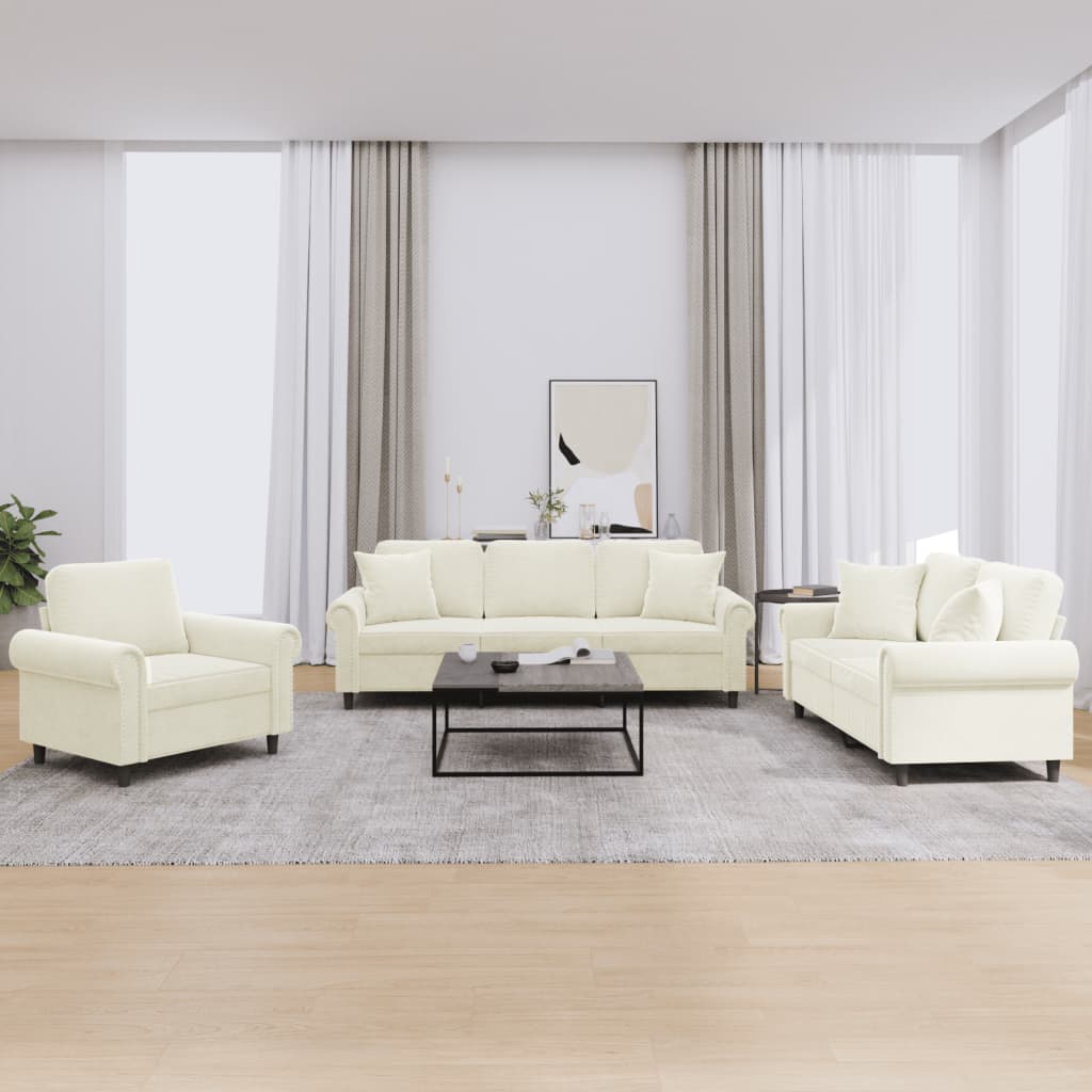 3-tlg. Sofagarnitur mit Kissen Creme Samt