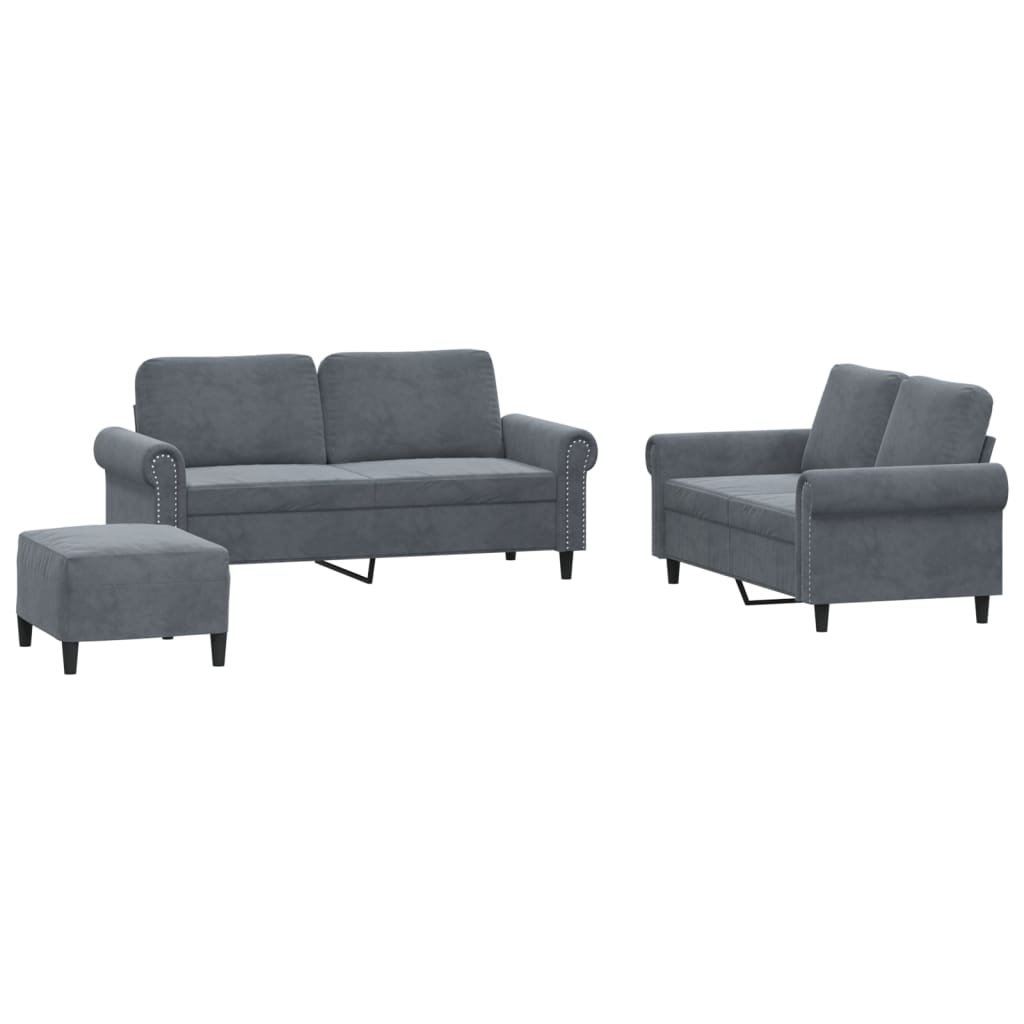 3-piece sofa set with cushions in dark grey velvet