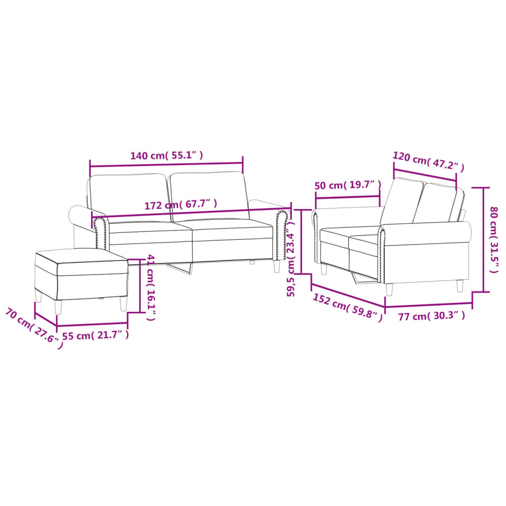 3-piece sofa set with cushions in dark grey velvet