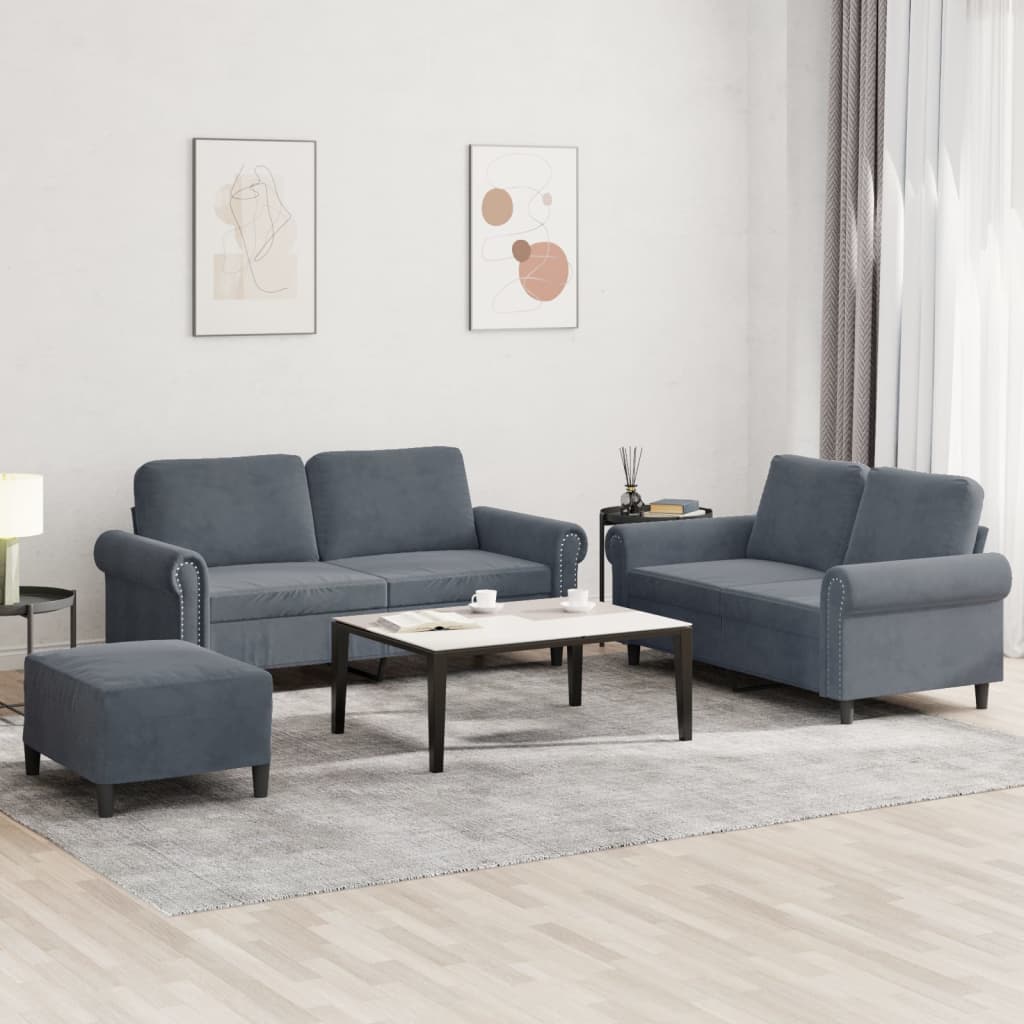 3-piece sofa set with cushions in dark grey velvet