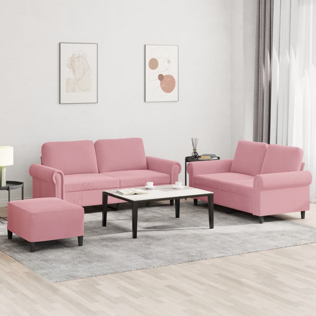3-tlg. Sofagarnitur mit Kissen Rosa Samt