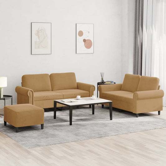 3-tlg. Sofagarnitur mit Kissen Braun Samt