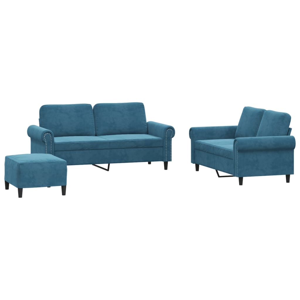 3-tlg. Sofagarnitur mit Kissen Blau Samt